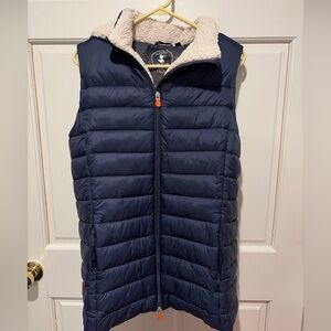 SAVE THE DUCK Navy hooded Puffer Vest with Cream Sherpa Lining